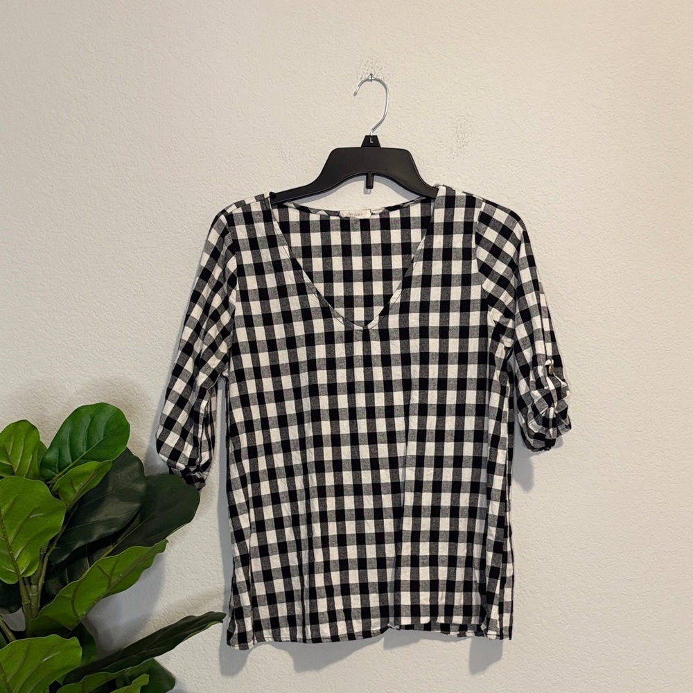 Everly Black and White Checkered linen cotton Blouse Large